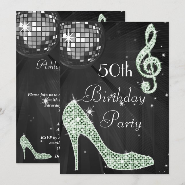Disco Ball and Heels Black & Mint 50th Birthday Invitation (Front/Back)