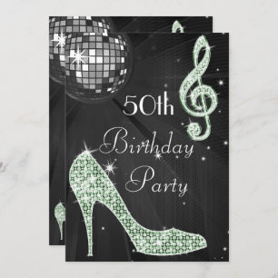 Disco Ball and Heels Black & Mint 50th Birthday Invitation