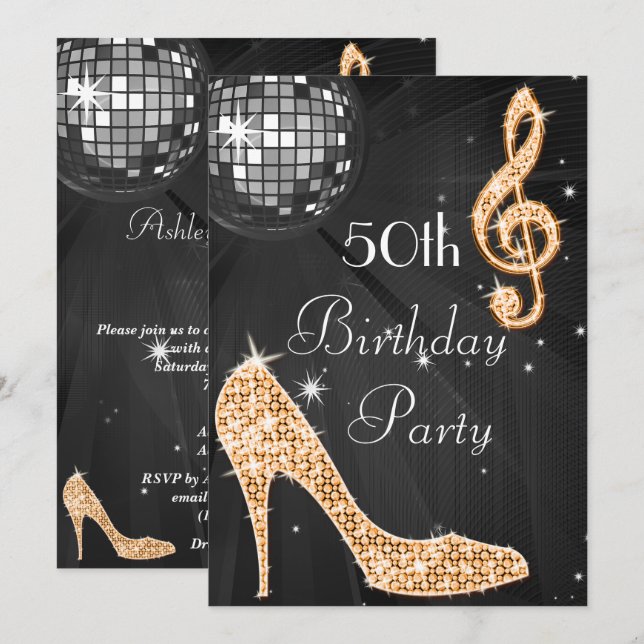 Disco Ball and Heels Black & Orange 50th Birthday Invitation (Front/Back)