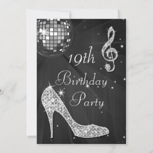 Disco Ball and Heels Black & Silver 19th Birthday Invitation