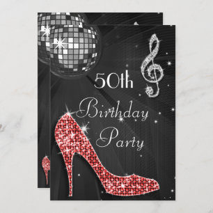 Disco Ball and Heels Black & Silver 50th Birthday Invitation