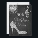 Disco Ball and Heels Black & Silver 50th Birthday Invitation<br><div class="desc">Womens' personalised, elegant custom 50th birthday party celebration invitations. Beautiful black, silver and white double sided templates for a woman's fiftieth / fifty years old / 50 year old invites with a funky retro disco mirror ball, glamourous printed image rhinestones / diamonds glitter, sequins, jewels sparkle high heels stilettos shoes,...</div>
