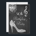 Disco Ball and Heels Black & Silver 50th Birthday Invitation<br><div class="desc">Womens' personalised, elegant custom 50th birthday party celebration invitations. Beautiful black, silver and white double sided templates for a woman's fiftieth / fifty years old / 50 year old invites with a funky retro disco mirror ball, glamourous printed image rhinestones / diamonds glitter, sequins, jewels sparkle high heels stilettos shoes,...</div>