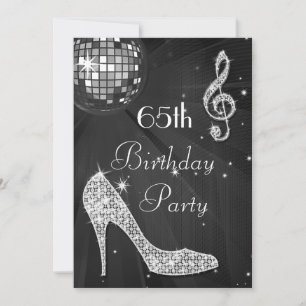 Disco Ball and Heels Black & Silver 65th Birthday Invitation