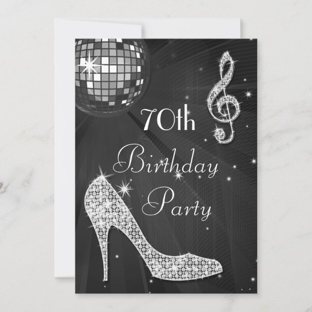 Disco Ball and Heels Black & Silver 70th Birthday Invitation (Front)
