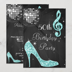 Disco Ball and Heels Black & Teal 50th Birthday Invitation