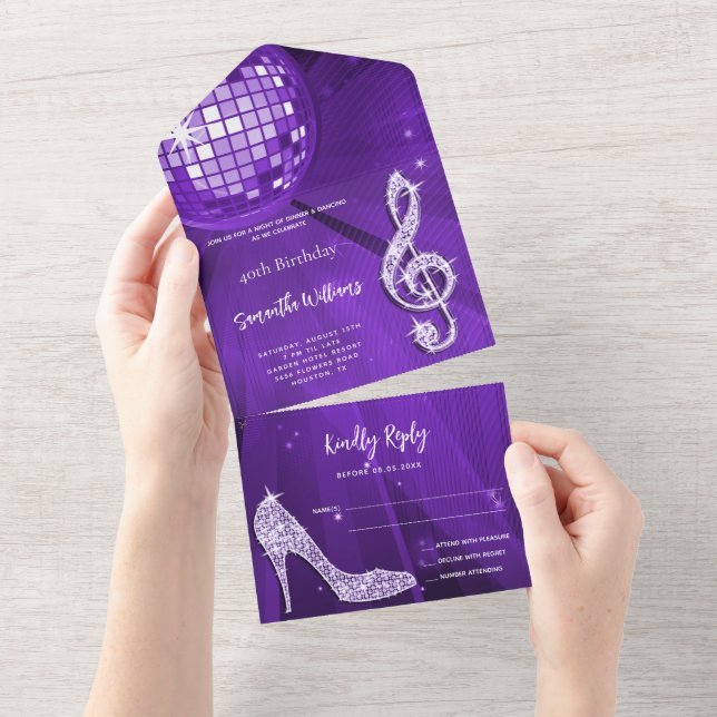 Disco Ball and Heels Purple Birthday All In One Invitation (Tearaway)