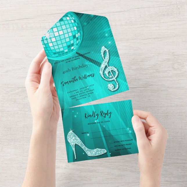 Disco Ball and Heels Teal Birthday All In One Invitation (Tearaway)