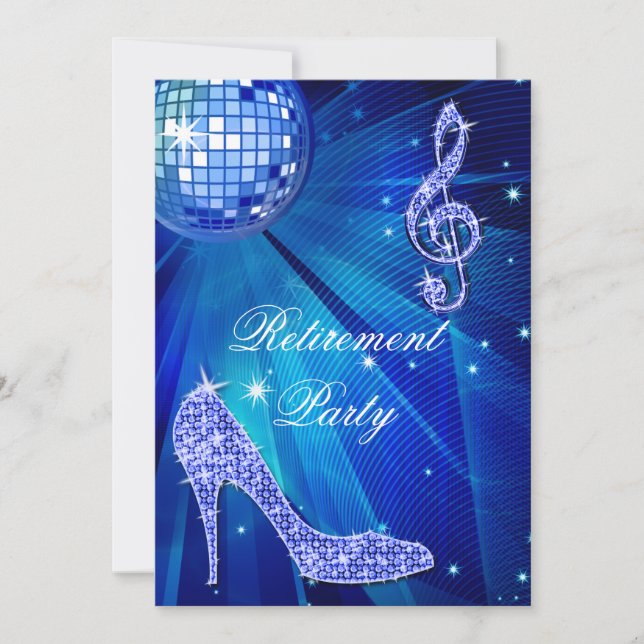 Disco Ball and Sparkle Heels Blue Retirement Invitation (Front)