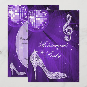 Disco Ball and Sparkle Heels Lilac Retirement Invitation