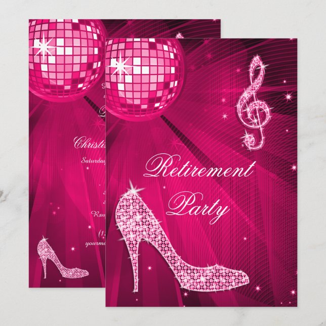 Disco Ball and Sparkle Heels Pink Retirement Invitation (Front/Back)