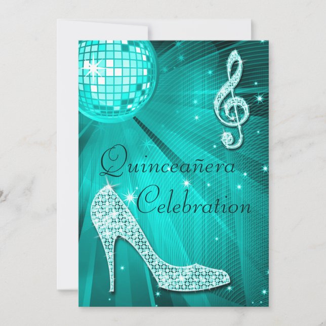 Disco Ball and Sparkle Heels Teal Quinceañera Invitation (Front)