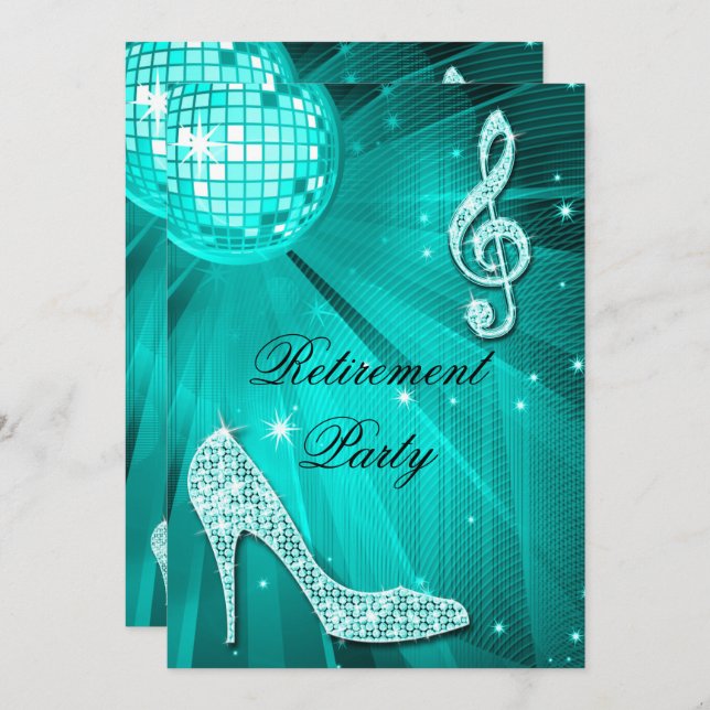 Disco Ball and Sparkle Heels Teal Retirement Invitation (Front/Back)