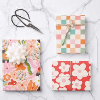 Disco ball and vinyl records x retro vibes wrapping paper sheet