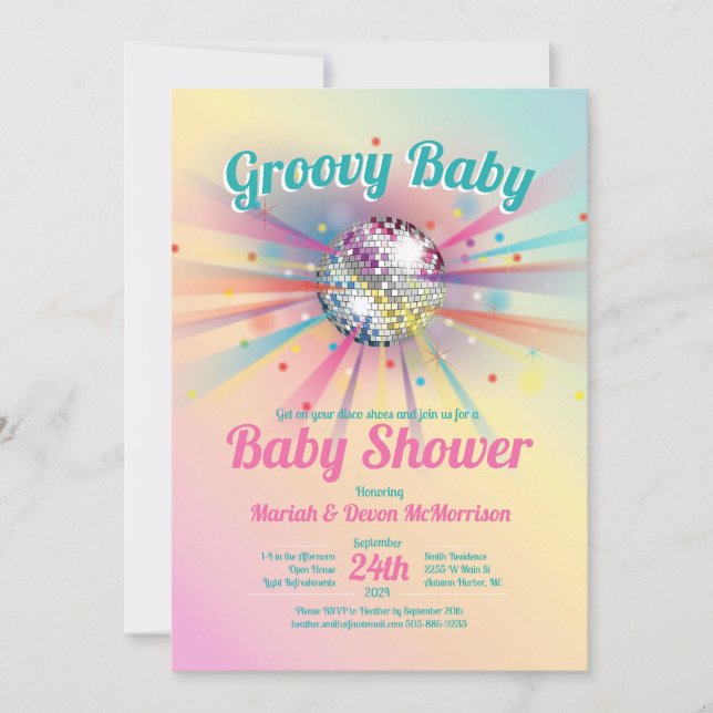 Disco Ball Baby Shower Groovy Pastel Rainbow Invitation (Front)
