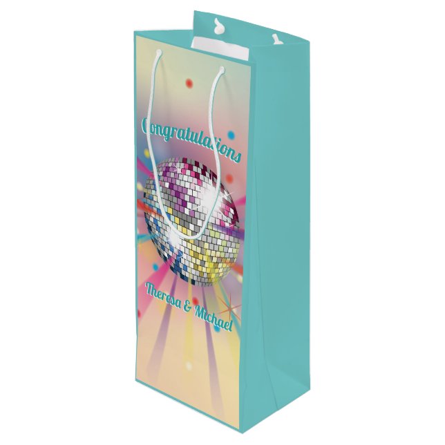 Disco Ball Baby Shower Groovy Pastel Rainbow Wine Gift Bag (Back Angled)