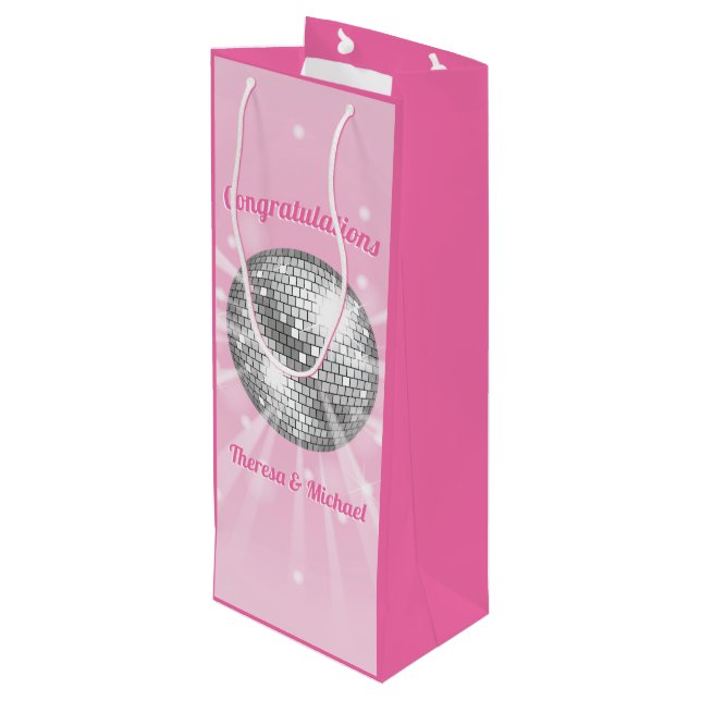 Disco Ball Baby Shower Groovy Pink Girl Wine Gift Bag (Back Angled)