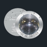 Disco Ball Birthday Party Disco Dance Party Circle Invitation<br><div class="desc">Remember disco balls? Black lights? If you're old enough to remember, this is the disco party invitation for you- Groovy circle shape. Actual photo of an old school, silver mirror disco ball against a grey silver looking background with scattered faux silver glitter stars. Let the good times roll! Reads 'You're...</div>