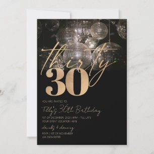 Disco ball black and gold 30th birthday party  invitation