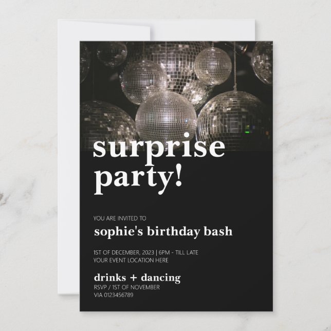 Disco Ball Bold Modern Surprise Birthday Party Invitation (Front)