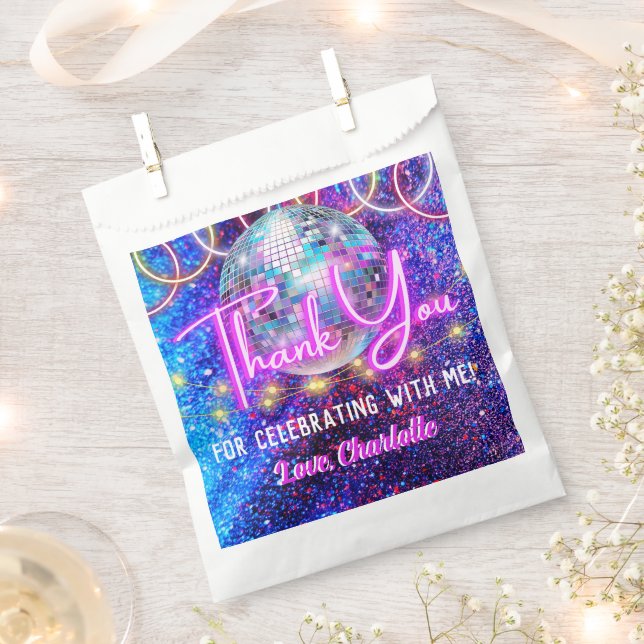 Disco Ball Bright Neon Pink Glowing Thank You Favour Bags (Clipped)