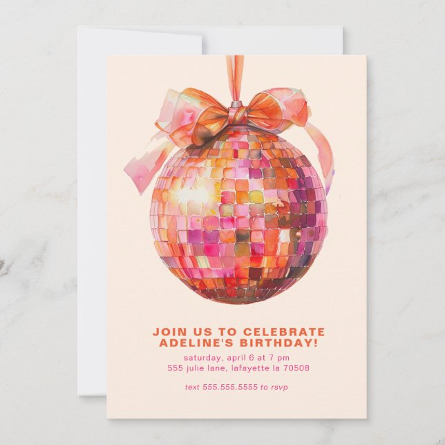 Disco Ball Coquette Bow Birthday Party Invitations (Front)