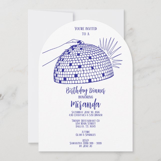 Disco Ball Dinner Invitation Blue (Front)
