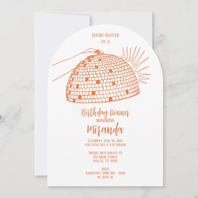 Disco Ball Dinner Orange Invitation (Front)