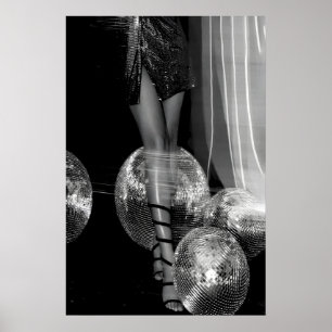 Disco Ball Fashion Print, Black and White Poster