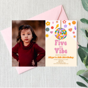 Disco Ball Five Is A Vibe 5th Birthday Party Invitation