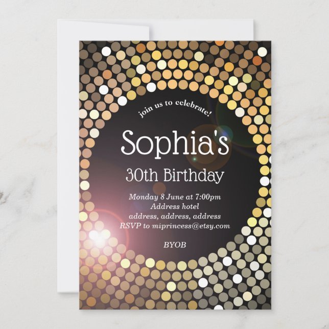 disco ball, glitter birthday invitation (Front)