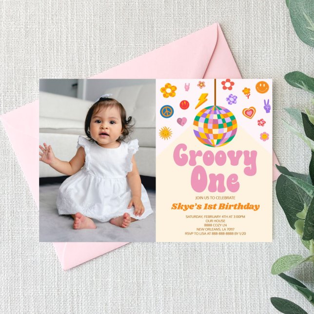 Disco Ball Groovy One Picture 1st Birthday Party Invitation (Creator Uploaded)