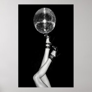 Disco Ball High Heels Print, Black and White Poster