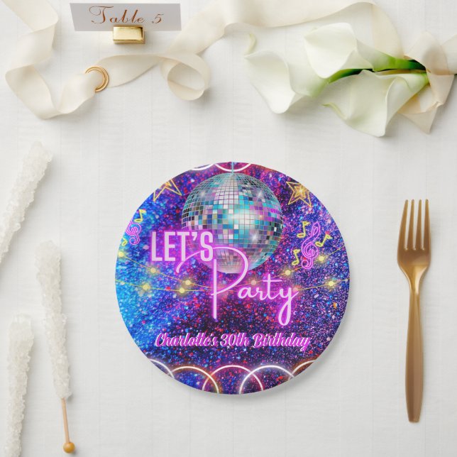 Disco Ball Let's Party Neon Pink Glow Birthday Paper Plate (Wedding)