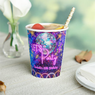 Disco Ball Let's Party Neon Pink Glow Girl Party Paper Cups