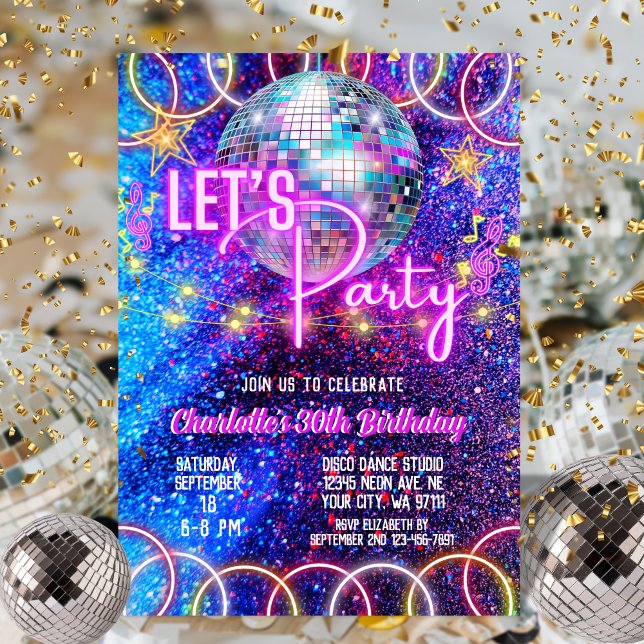 Disco Ball Let's Party Neon Pink Glowing Birthday Invitation (Creator Uploaded)
