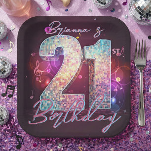 Disco Ball Musical Notes Pink 21st Birthday Paper Plate