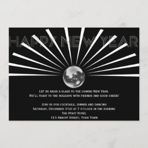 Disco Ball on Black and White New Years Eve Invitation