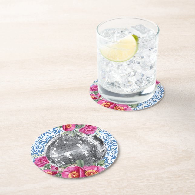 Disco Ball Pink Floral Blue Tile Round Paper Coaster (Insitu)