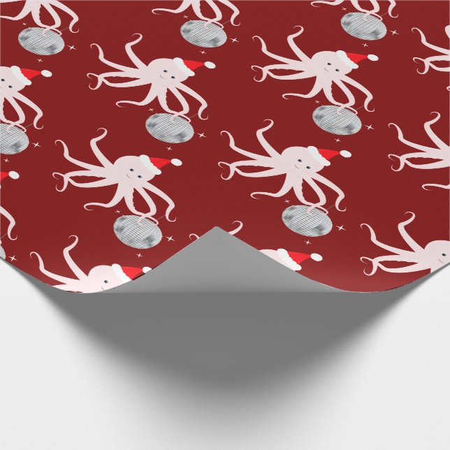 Disco Ball Pink Octopus Santa Hat Christmas Wrapping Paper (Corner)