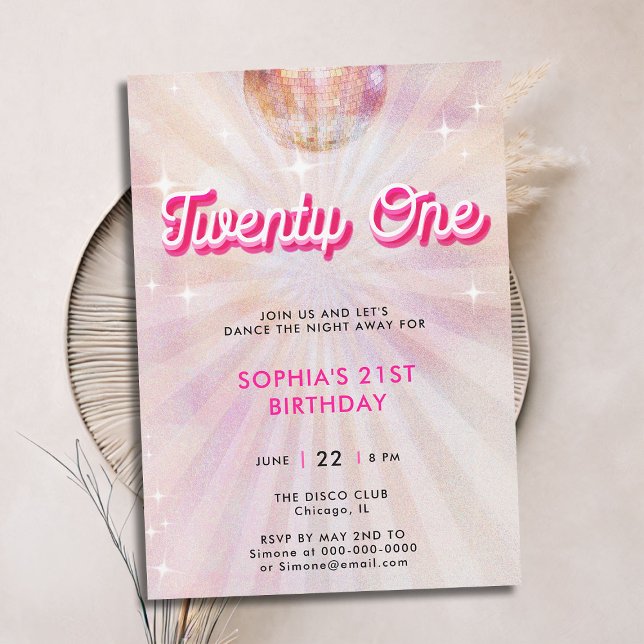 Disco Ball Pink Teal Retro Dance 21st Birthday Invitation (disco ball 21st birthday invitation girls blush pink vintage retro 70s dance party sparkle glitter)