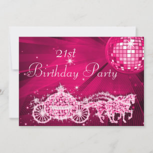 Disco Ball, Princess Coach & Horses 21st Birthday Invitation
