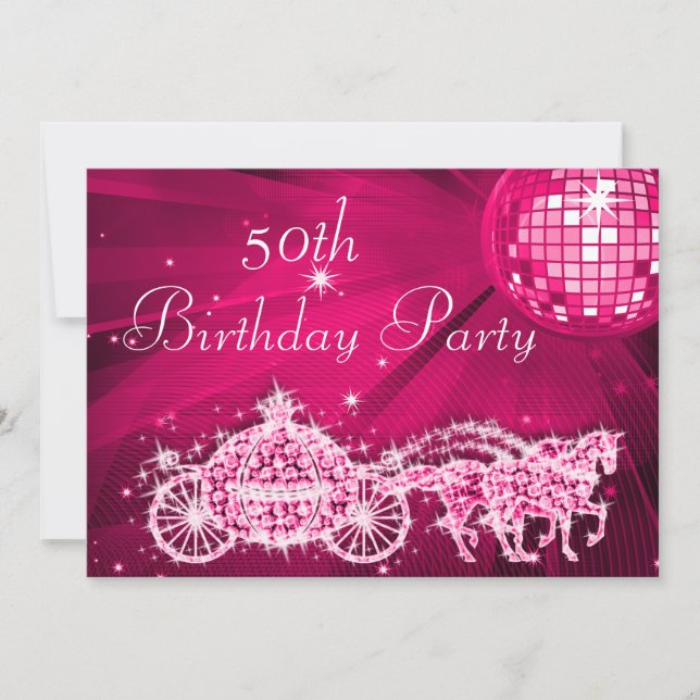 Disco Ball, Princess Coach & Horses 50th Birthday Invitation (Front)