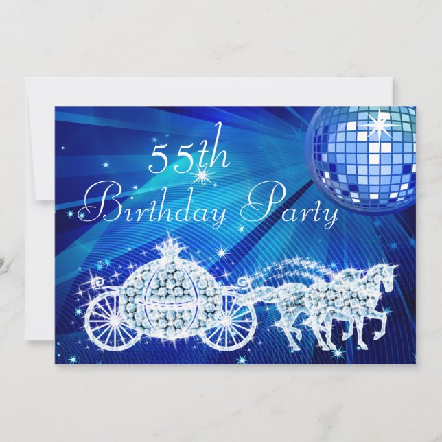 Disco Ball, Princess Coach & Horses 55th Birthday Invitation (Front)