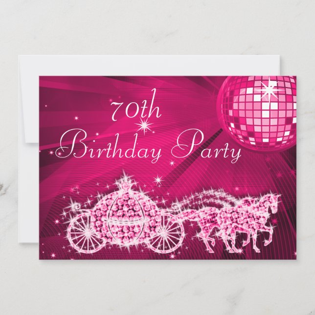 Disco Ball, Princess Coach & Horses 70th Birthday Invitation (Front)