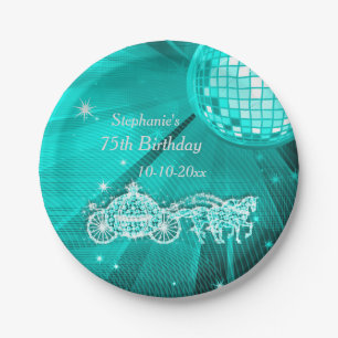 Disco Ball, Princess Coach & Horses 75th Birthday Paper Plate