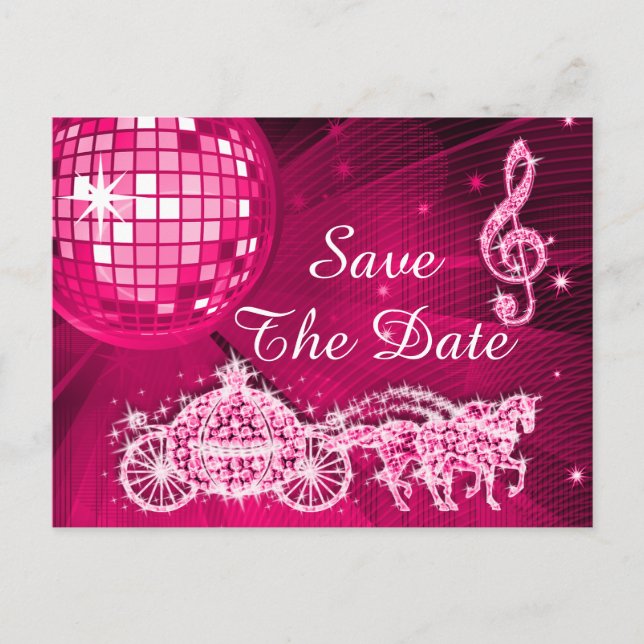 Disco Ball, Princess Coach & Horses Save The Date Announcement Postcard (Front)