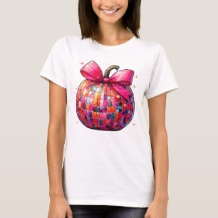 Disco Ball Pumpkin Halloween Sparkly Bow Girls T-Shirt