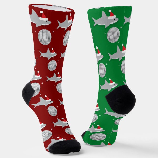 Disco Ball Shark Santa Hat Christmas Socks (Angled)