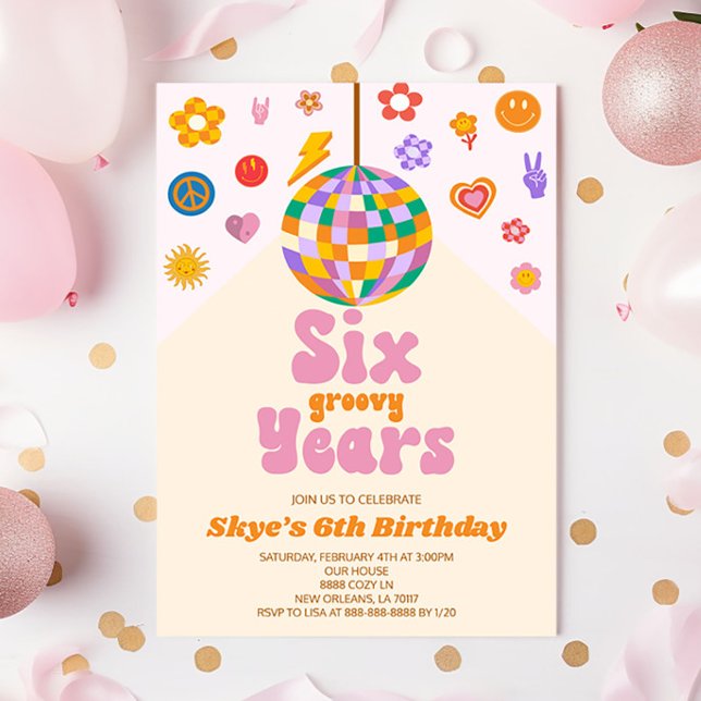 Disco Ball Six Groovy Years 6th Birthday Party Invitation (Creator Uploaded)